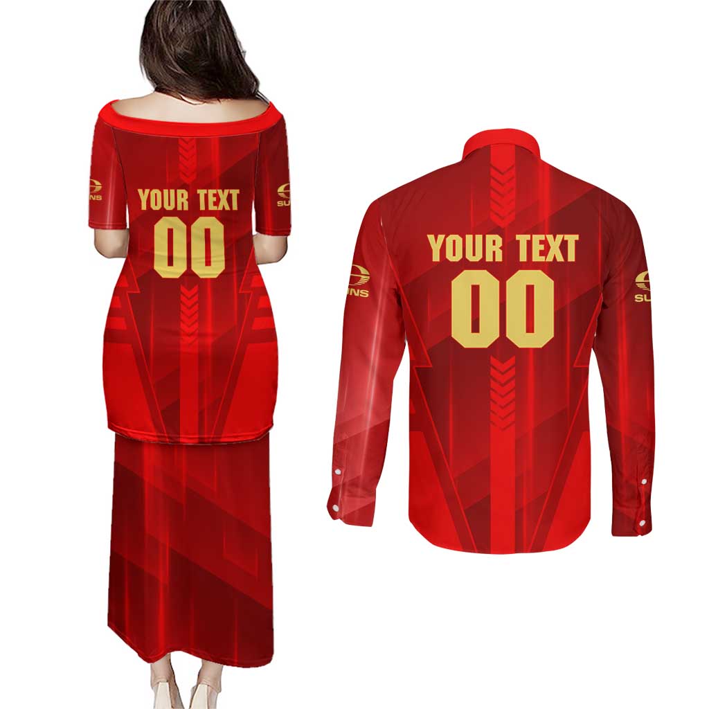 Personalized Gold Coast Suns Couples Matching Puletasi and Long Sleeve Button Shirt Modern Geometric Sports Graphic Style