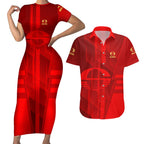 Personalized Gold Coast Suns Couples Matching Short Sleeve Bodycon Dress and Hawaiian Shirt Modern Geometric Sports Graphic Style