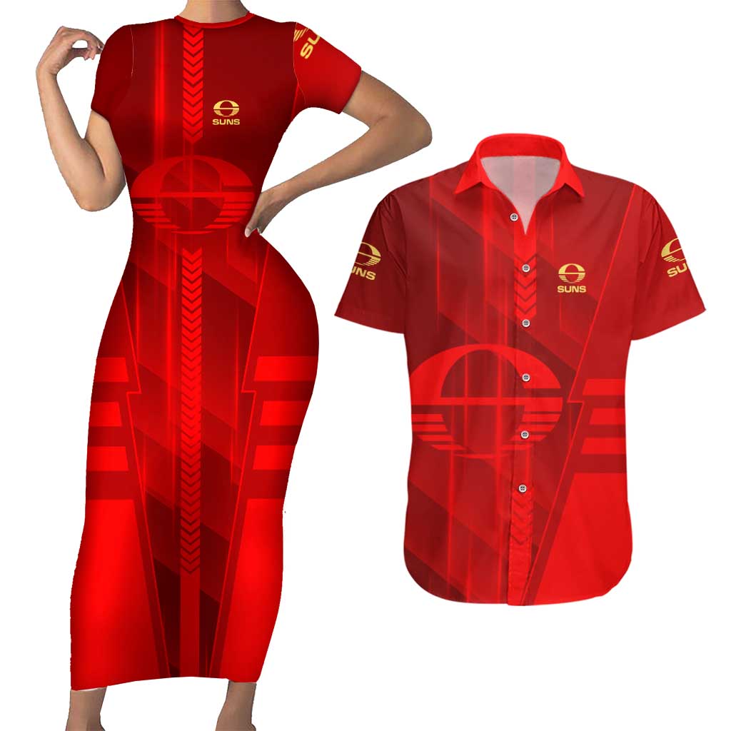 Personalized Gold Coast Suns Couples Matching Short Sleeve Bodycon Dress and Hawaiian Shirt Modern Geometric Sports Graphic Style