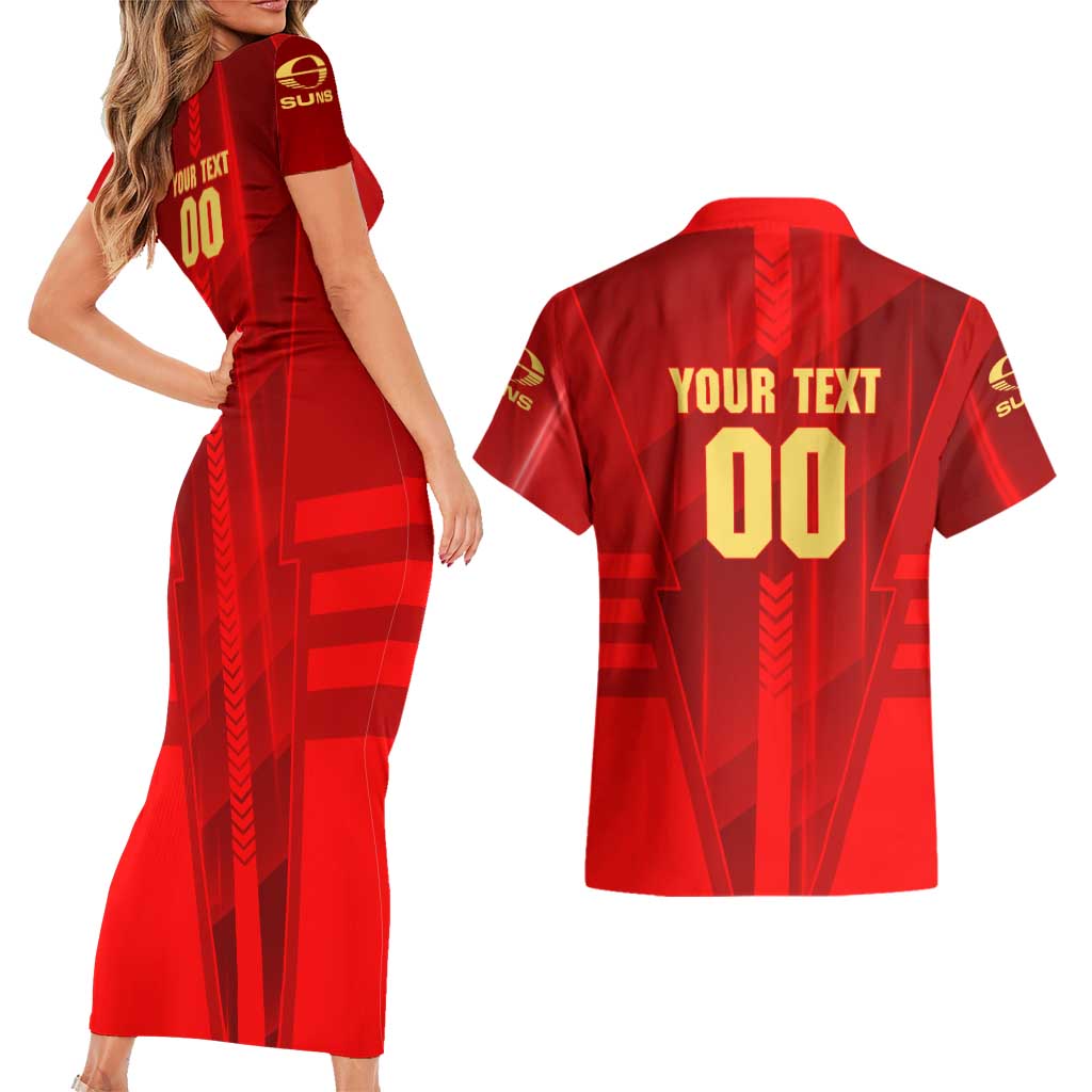 Personalized Gold Coast Suns Couples Matching Short Sleeve Bodycon Dress and Hawaiian Shirt Modern Geometric Sports Graphic Style