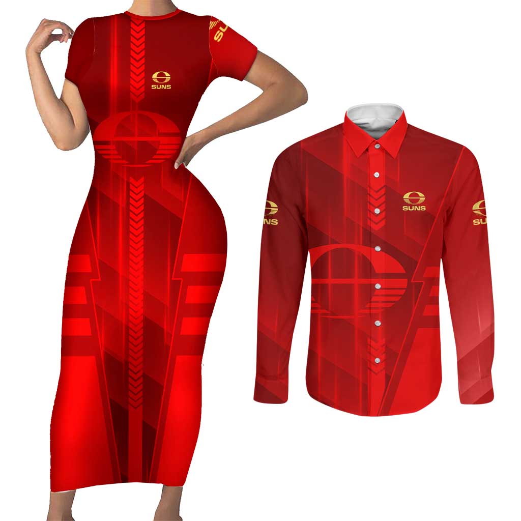 Personalized Gold Coast Suns Couples Matching Short Sleeve Bodycon Dress and Long Sleeve Button Shirt Modern Geometric Sports Graphic Style