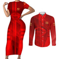 Personalized Gold Coast Suns Couples Matching Short Sleeve Bodycon Dress and Long Sleeve Button Shirt Modern Geometric Sports Graphic Style