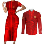 Personalized Gold Coast Suns Couples Matching Short Sleeve Bodycon Dress and Long Sleeve Button Shirt Modern Geometric Sports Graphic Style