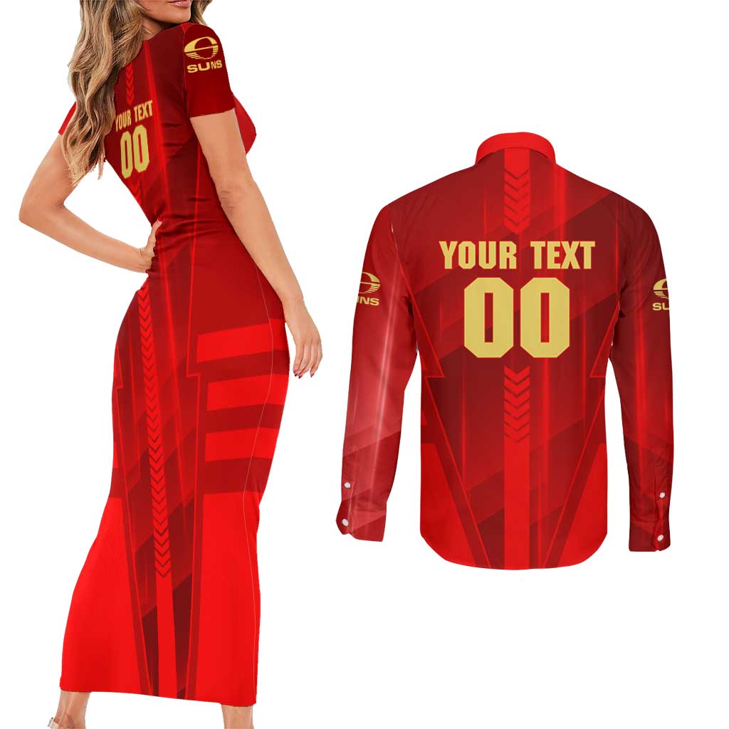 Personalized Gold Coast Suns Couples Matching Short Sleeve Bodycon Dress and Long Sleeve Button Shirt Modern Geometric Sports Graphic Style