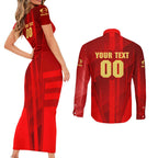 Personalized Gold Coast Suns Couples Matching Short Sleeve Bodycon Dress and Long Sleeve Button Shirt Modern Geometric Sports Graphic Style