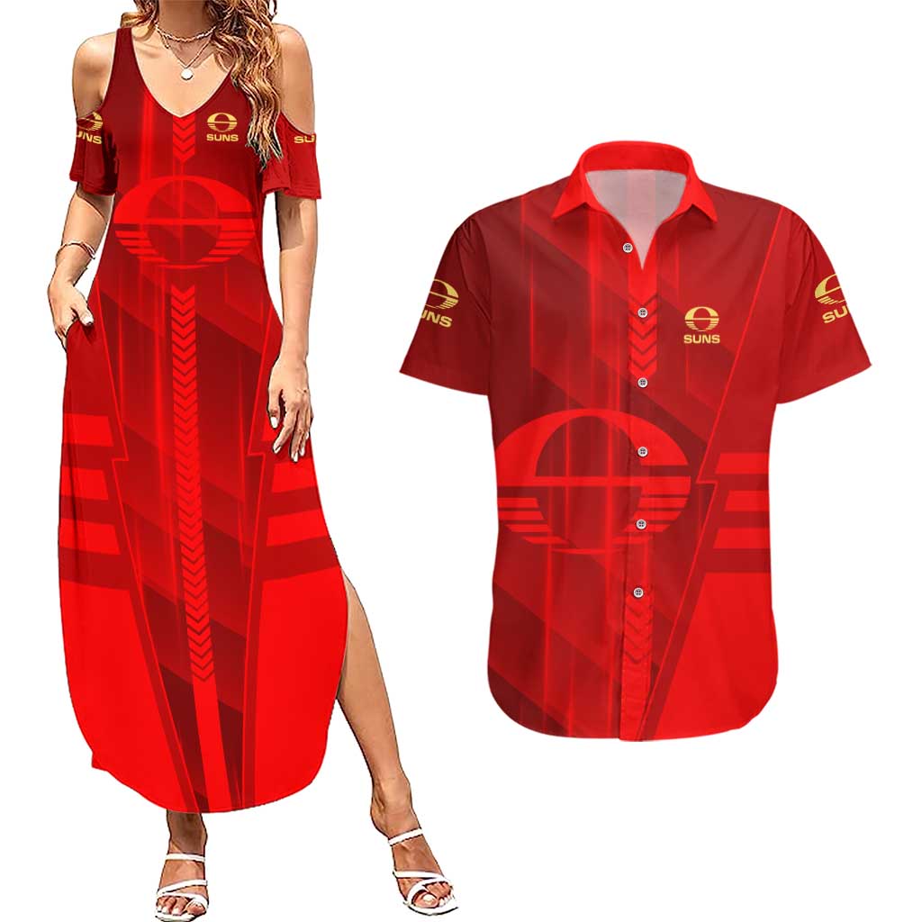 Personalized Gold Coast Suns Couples Matching Summer Maxi Dress and Hawaiian Shirt Modern Geometric Sports Graphic Style