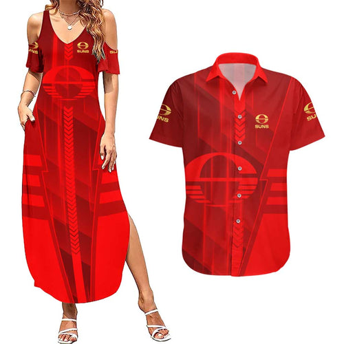 Personalized Gold Coast Suns Couples Matching Summer Maxi Dress and Hawaiian Shirt Modern Geometric Sports Graphic Style