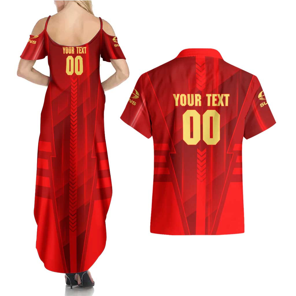 Personalized Gold Coast Suns Couples Matching Summer Maxi Dress and Hawaiian Shirt Modern Geometric Sports Graphic Style