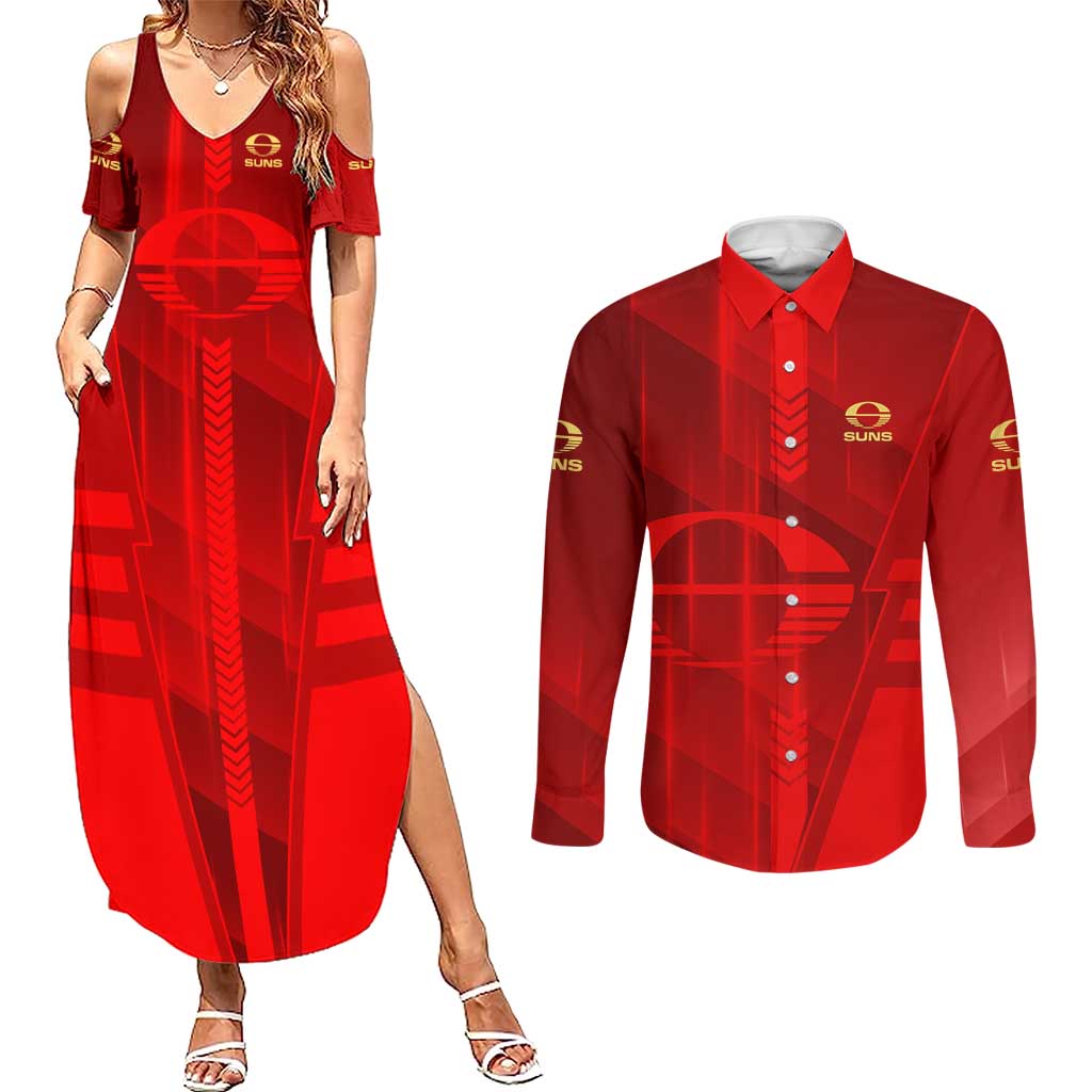 Personalized Gold Coast Suns Couples Matching Summer Maxi Dress and Long Sleeve Button Shirt Modern Geometric Sports Graphic Style