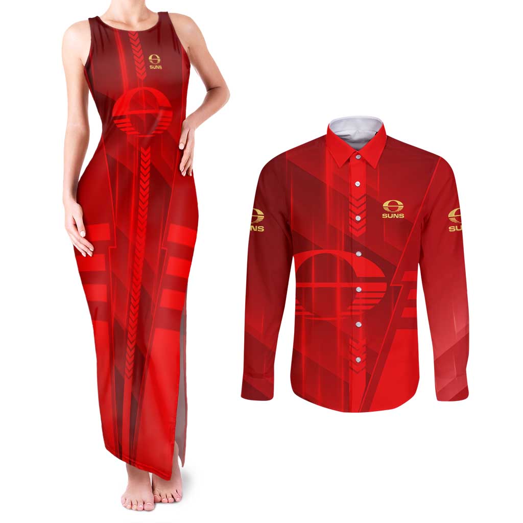Personalized Gold Coast Suns Couples Matching Tank Maxi Dress and Long Sleeve Button Shirt Modern Geometric Sports Graphic Style