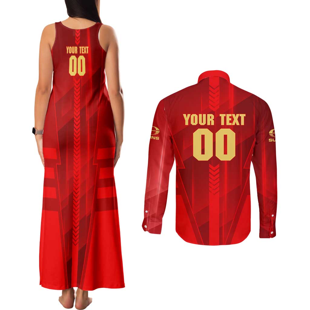 Personalized Gold Coast Suns Couples Matching Tank Maxi Dress and Long Sleeve Button Shirt Modern Geometric Sports Graphic Style