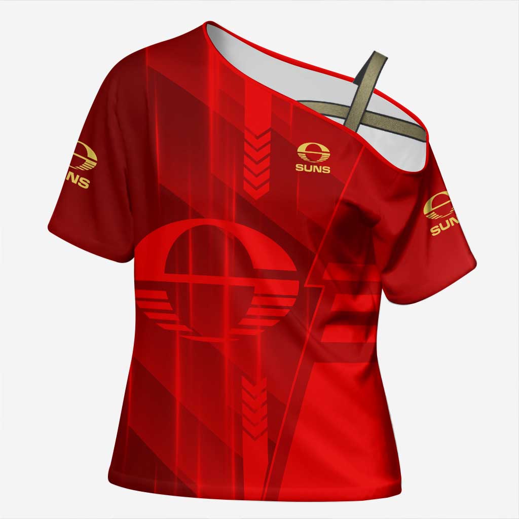 Personalized Gold Coast Suns Cross Shoulder Shirt Modern Geometric Sports Graphic Style