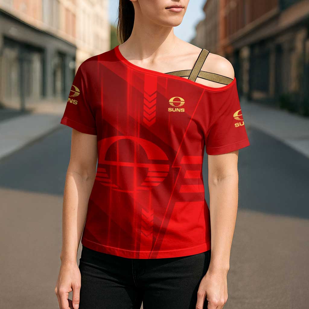 Personalized Gold Coast Suns Cross Shoulder Shirt Modern Geometric Sports Graphic Style
