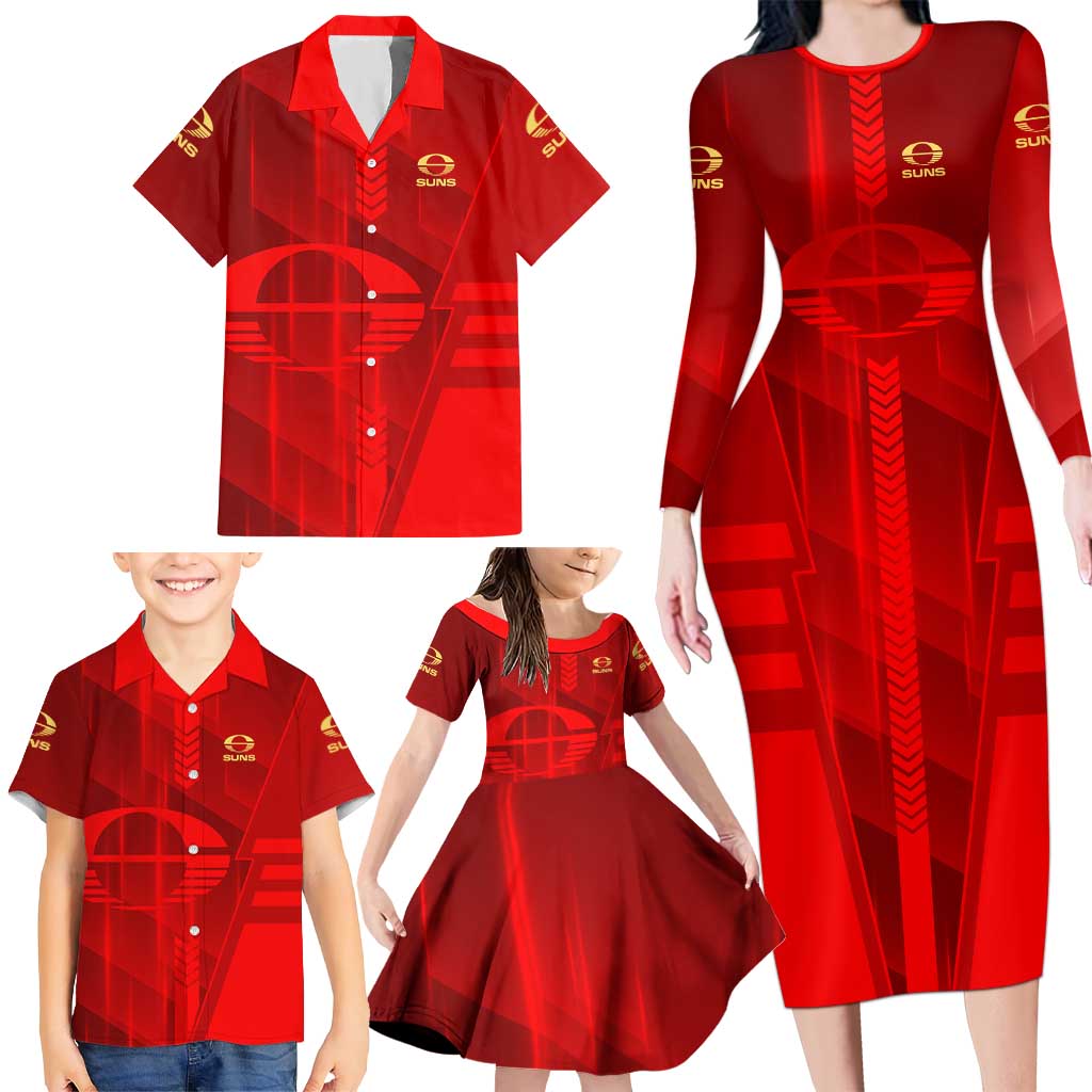 Personalized Gold Coast Suns Family Matching Long Sleeve Bodycon Dress and Hawaiian Shirt Modern Geometric Sports Graphic Style