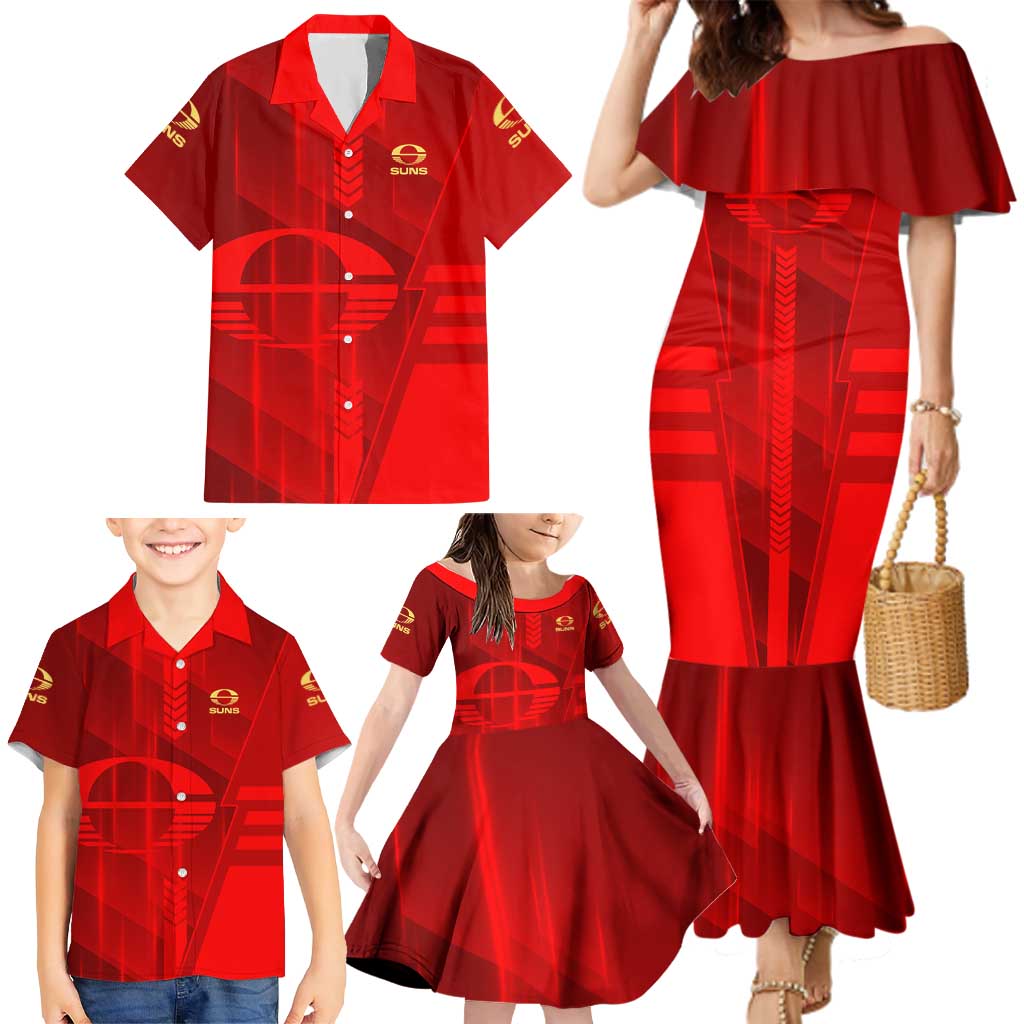 Personalized Gold Coast Suns Family Matching Mermaid Dress and Hawaiian Shirt Modern Geometric Sports Graphic Style