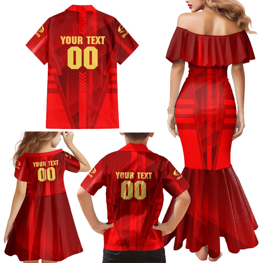 Personalized Gold Coast Suns Family Matching Mermaid Dress and Hawaiian Shirt Modern Geometric Sports Graphic Style