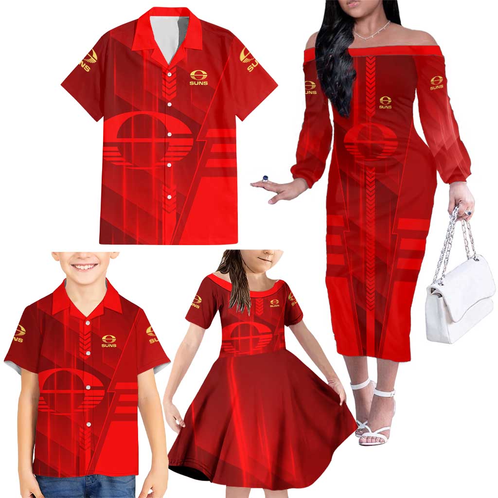 Personalized Gold Coast Suns Family Matching Off The Shoulder Long Sleeve Dress and Hawaiian Shirt Modern Geometric Sports Graphic Style