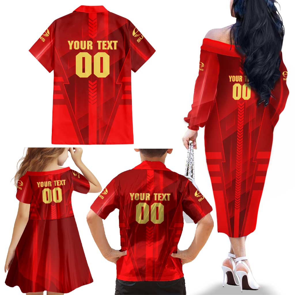 Personalized Gold Coast Suns Family Matching Off The Shoulder Long Sleeve Dress and Hawaiian Shirt Modern Geometric Sports Graphic Style