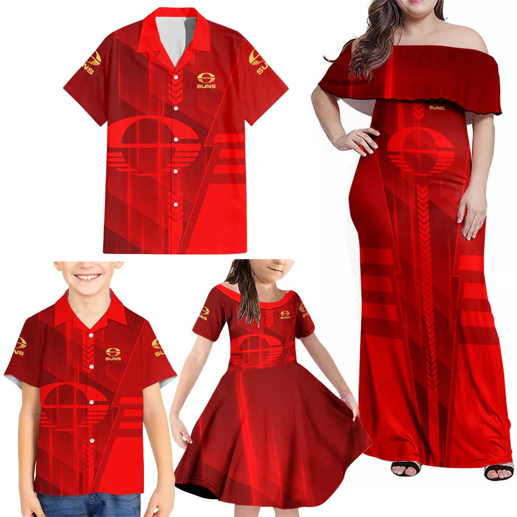 Personalized Gold Coast Suns Family Matching Off Shoulder Maxi Dress and Hawaiian Shirt Modern Geometric Sports Graphic Style