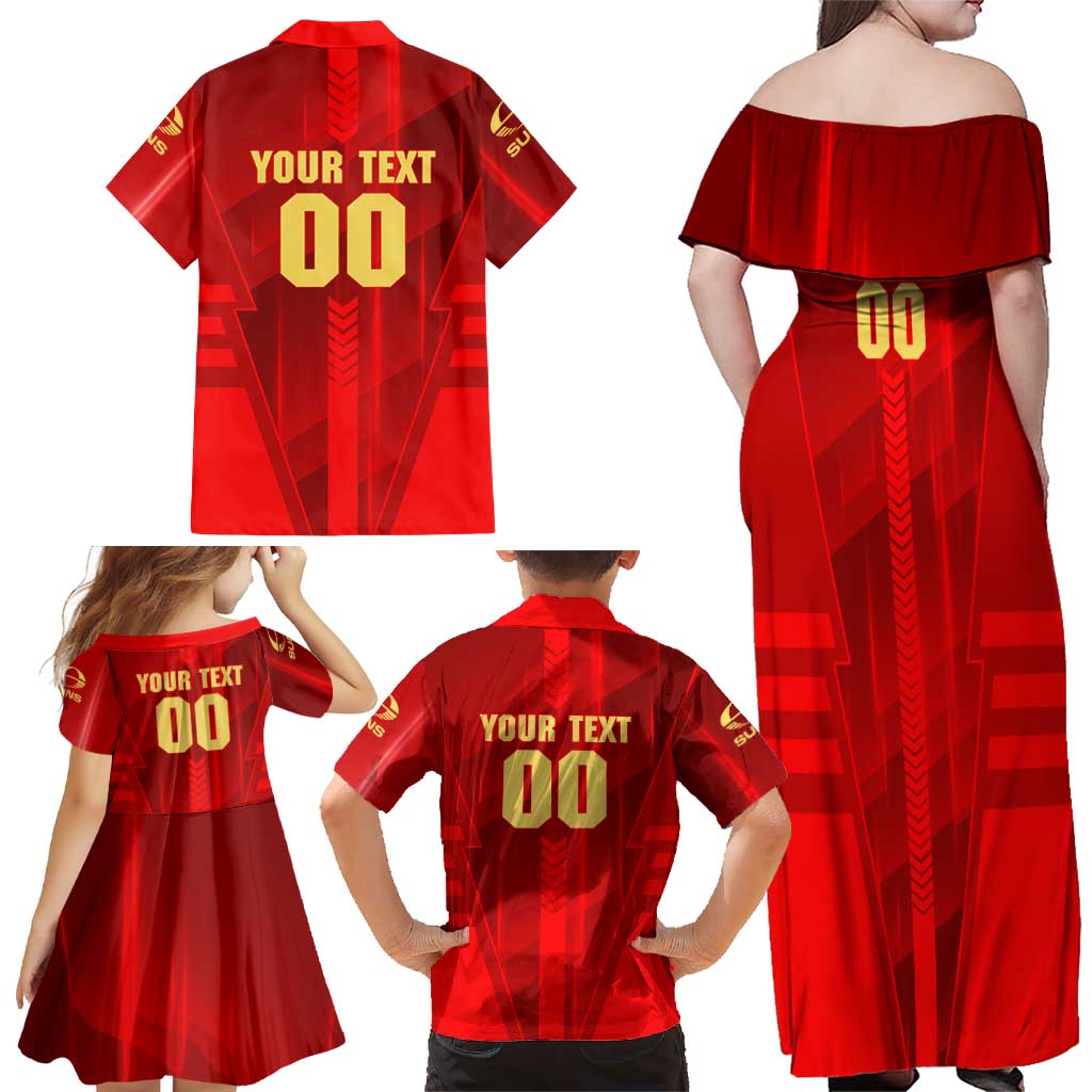Personalized Gold Coast Suns Family Matching Off Shoulder Maxi Dress and Hawaiian Shirt Modern Geometric Sports Graphic Style