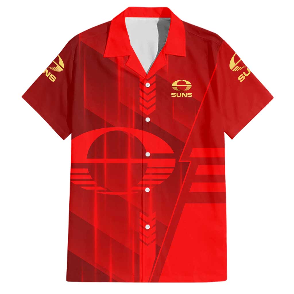 Personalized Gold Coast Suns Family Matching Off Shoulder Maxi Dress and Hawaiian Shirt Modern Geometric Sports Graphic Style