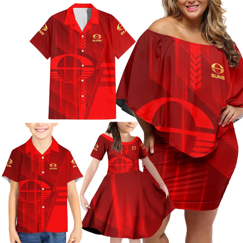 Personalized Gold Coast Suns Family Matching Off Shoulder Short Dress and Hawaiian Shirt Modern Geometric Sports Graphic Style