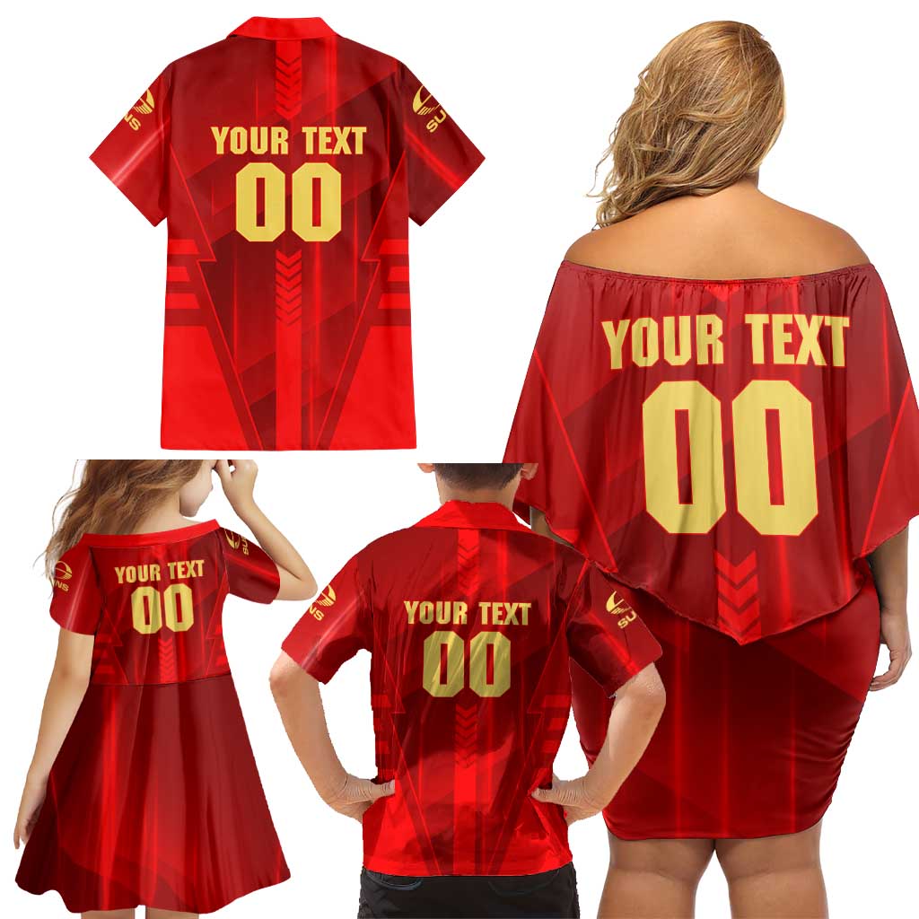 Personalized Gold Coast Suns Family Matching Off Shoulder Short Dress and Hawaiian Shirt Modern Geometric Sports Graphic Style