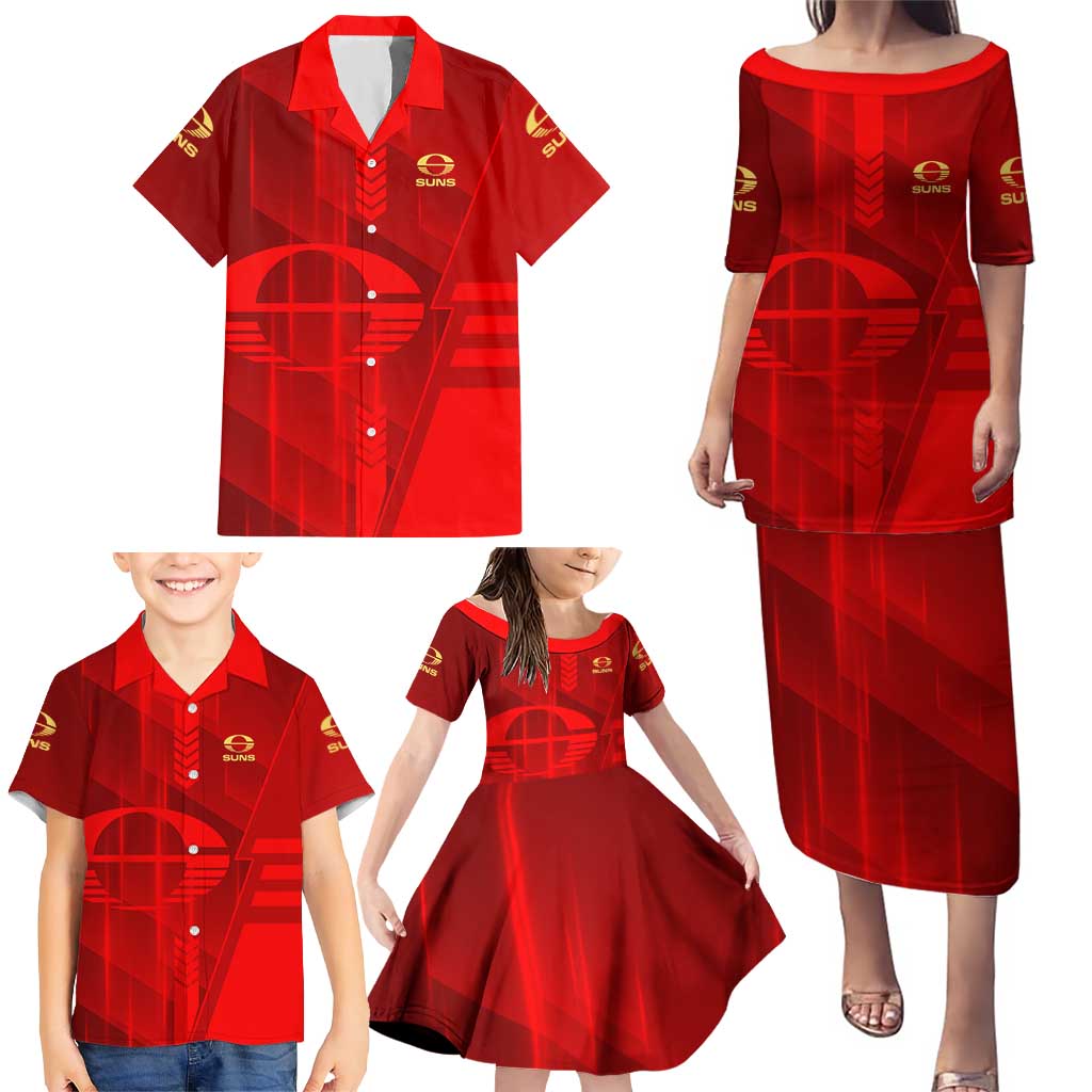 Personalized Gold Coast Suns Family Matching Puletasi and Hawaiian Shirt Modern Geometric Sports Graphic Style
