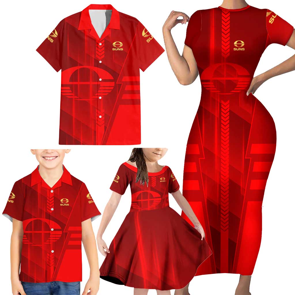 Personalized Gold Coast Suns Family Matching Short Sleeve Bodycon Dress and Hawaiian Shirt Modern Geometric Sports Graphic Style