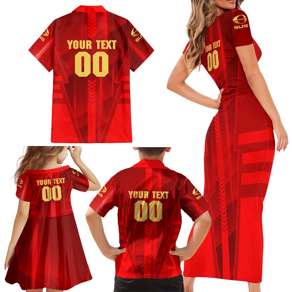 Personalized Gold Coast Suns Family Matching Short Sleeve Bodycon Dress and Hawaiian Shirt Modern Geometric Sports Graphic Style