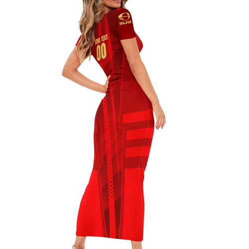 Personalized Gold Coast Suns Family Matching Short Sleeve Bodycon Dress and Hawaiian Shirt Modern Geometric Sports Graphic Style