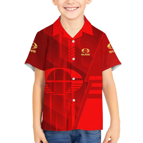 Personalized Gold Coast Suns Family Matching Short Sleeve Bodycon Dress and Hawaiian Shirt Modern Geometric Sports Graphic Style
