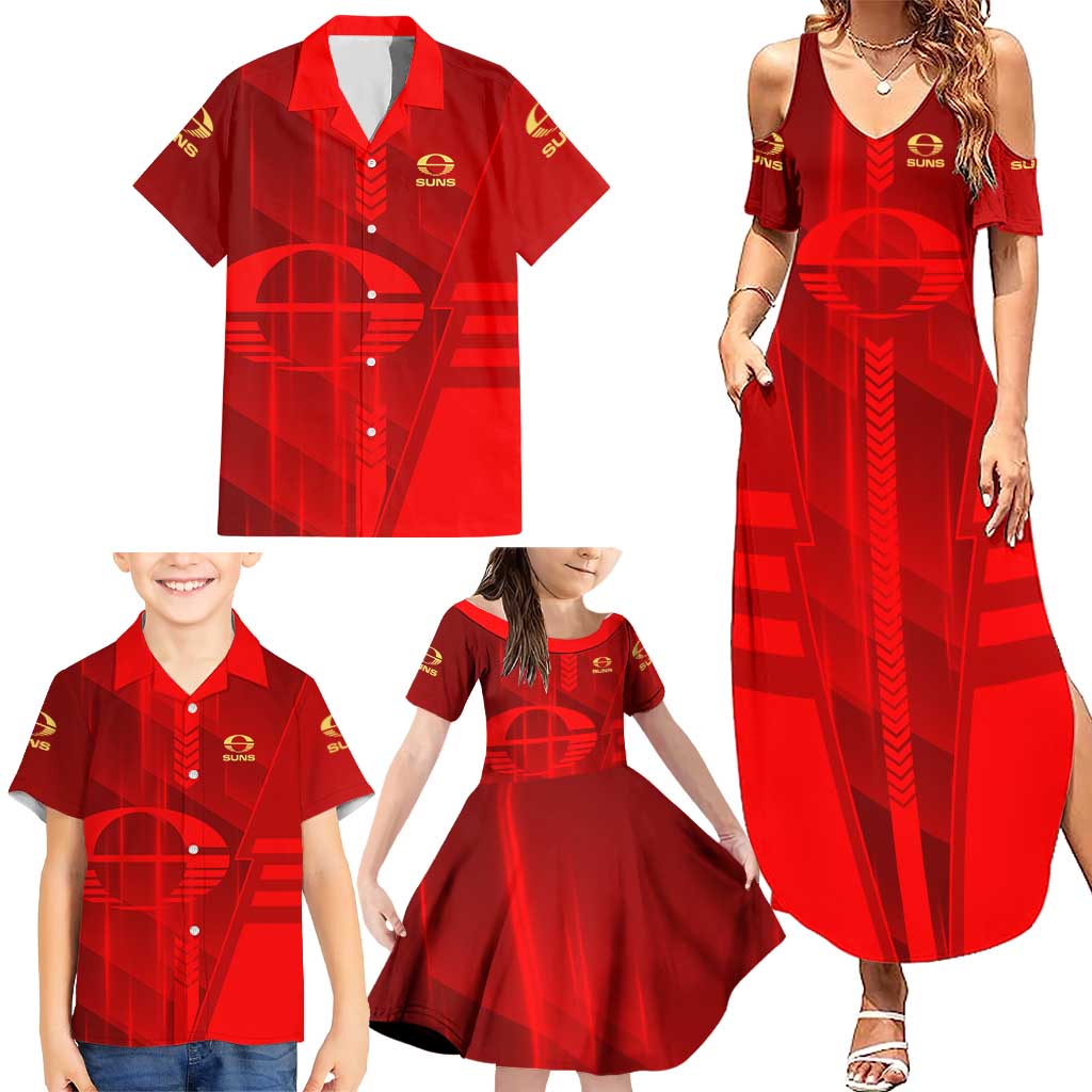 Personalized Gold Coast Suns Family Matching Summer Maxi Dress and Hawaiian Shirt Modern Geometric Sports Graphic Style