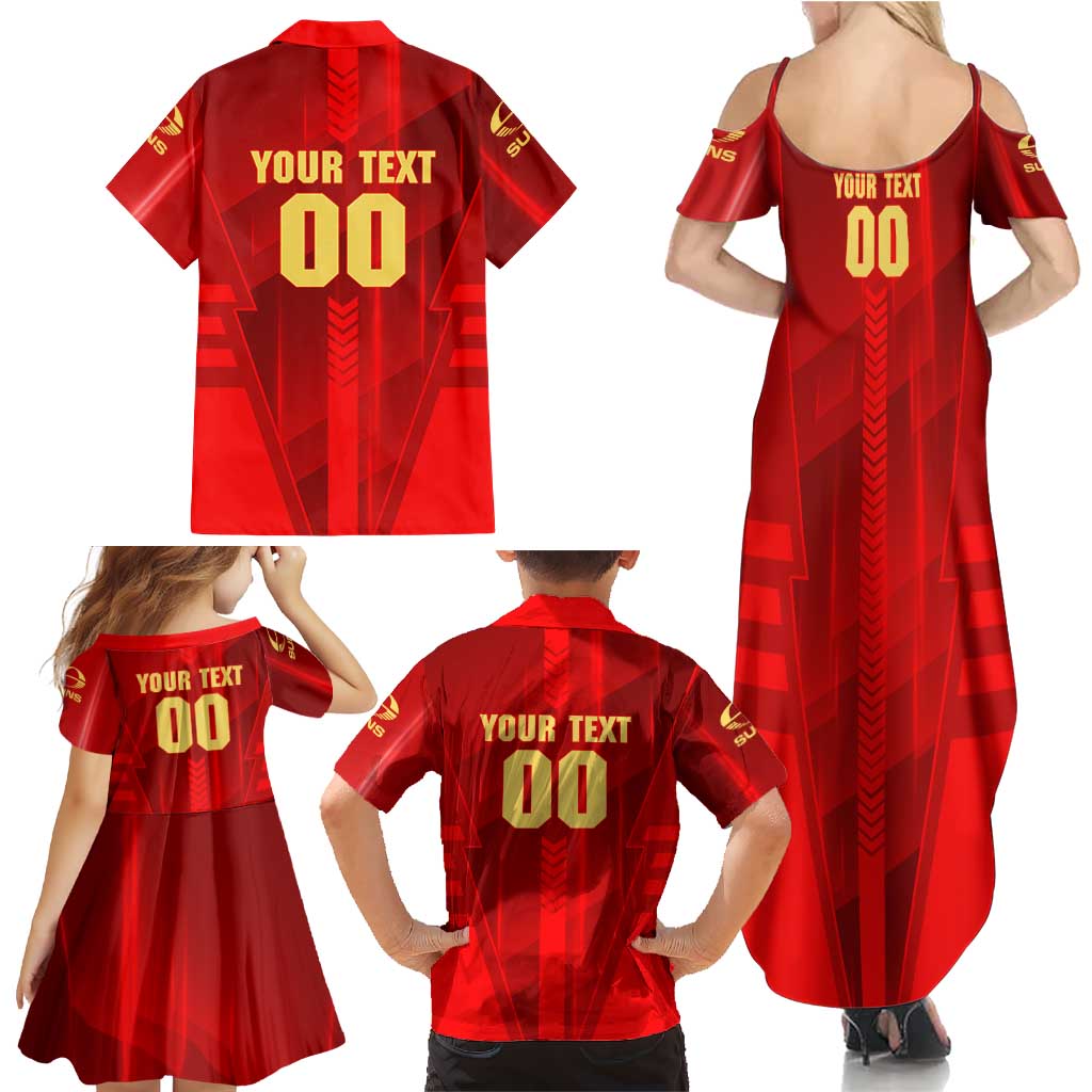 Personalized Gold Coast Suns Family Matching Summer Maxi Dress and Hawaiian Shirt Modern Geometric Sports Graphic Style