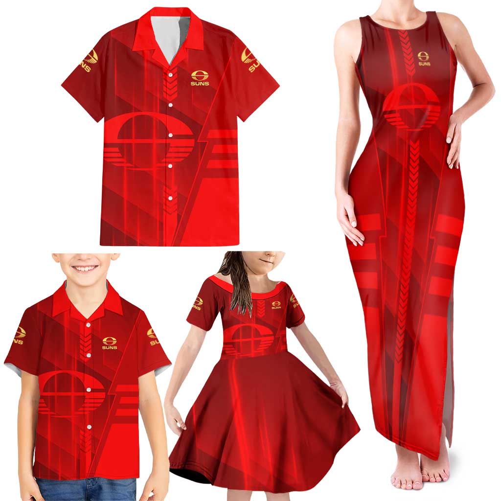 Personalized Gold Coast Suns Family Matching Tank Maxi Dress and Hawaiian Shirt Modern Geometric Sports Graphic Style