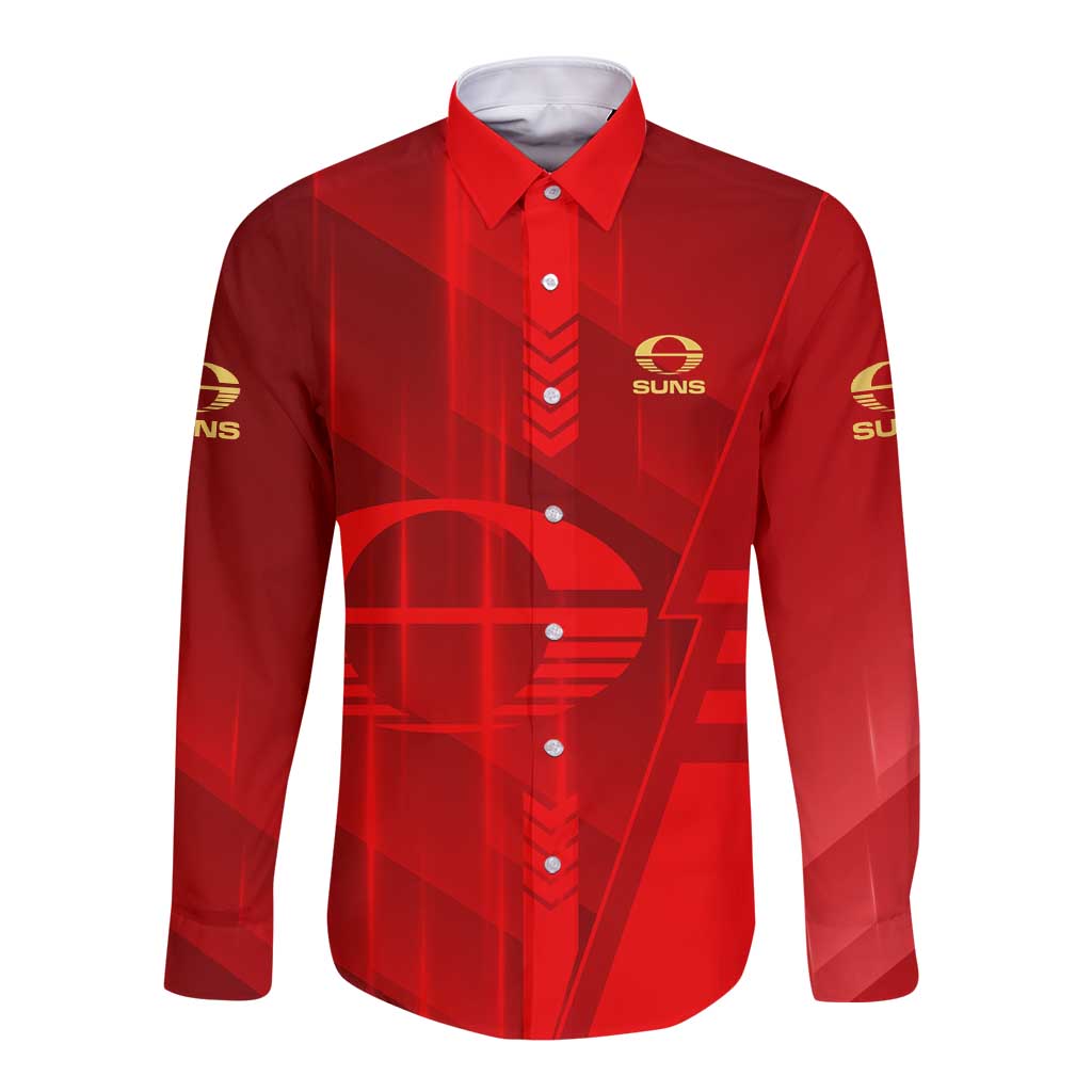 Personalized Gold Coast Suns Long Sleeve Button Shirt Modern Geometric Sports Graphic Style