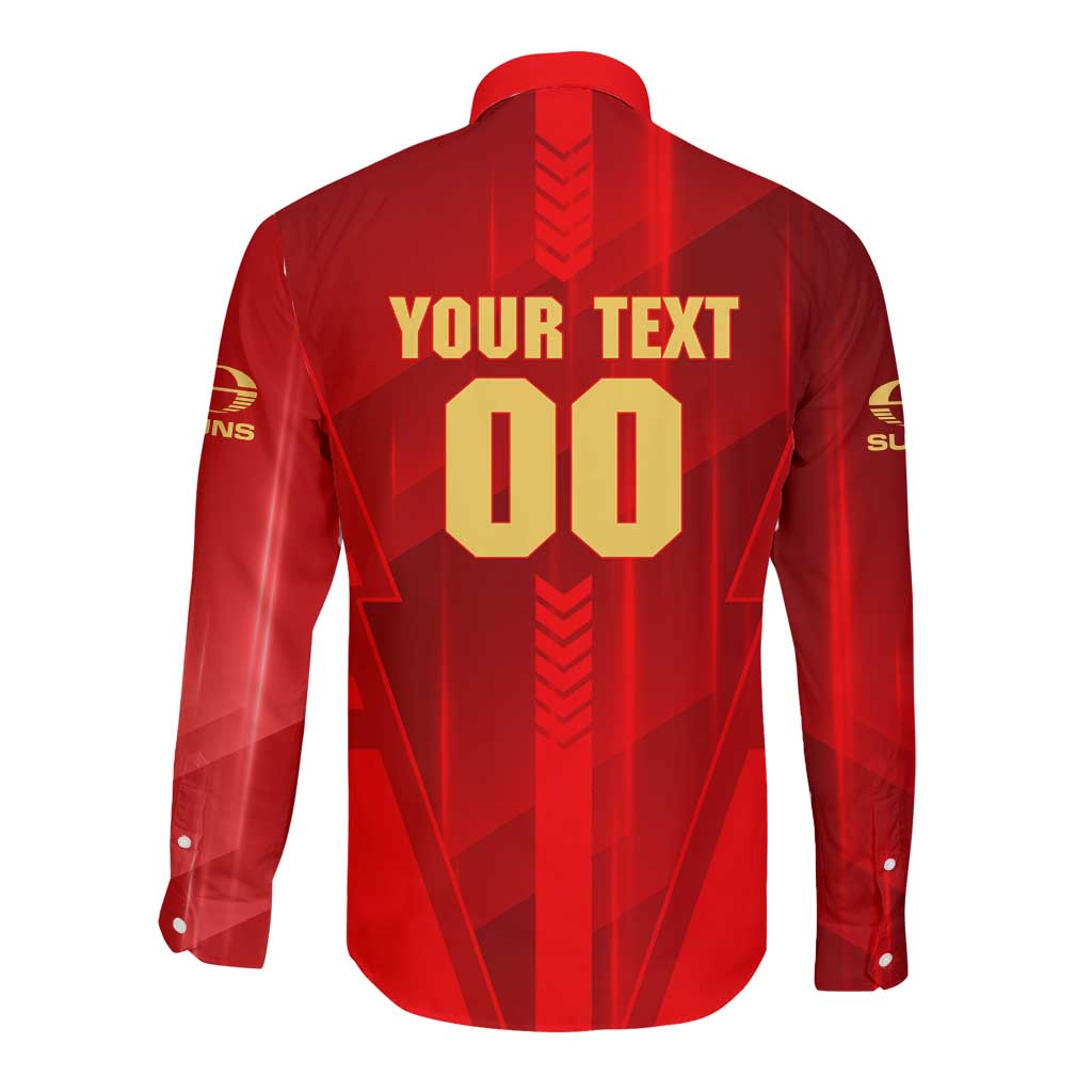 Personalized Gold Coast Suns Long Sleeve Button Shirt Modern Geometric Sports Graphic Style