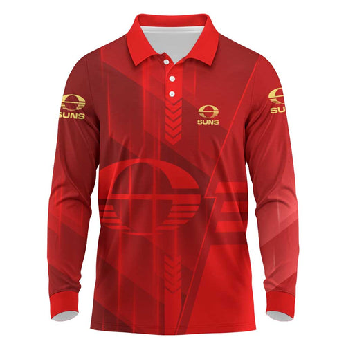 Personalized Gold Coast Suns Long Sleeve Polo Shirt Modern Geometric Sports Graphic Style