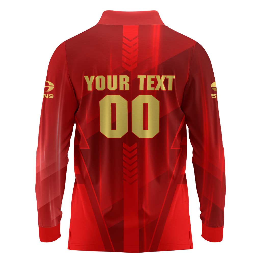 Personalized Gold Coast Suns Long Sleeve Polo Shirt Modern Geometric Sports Graphic Style