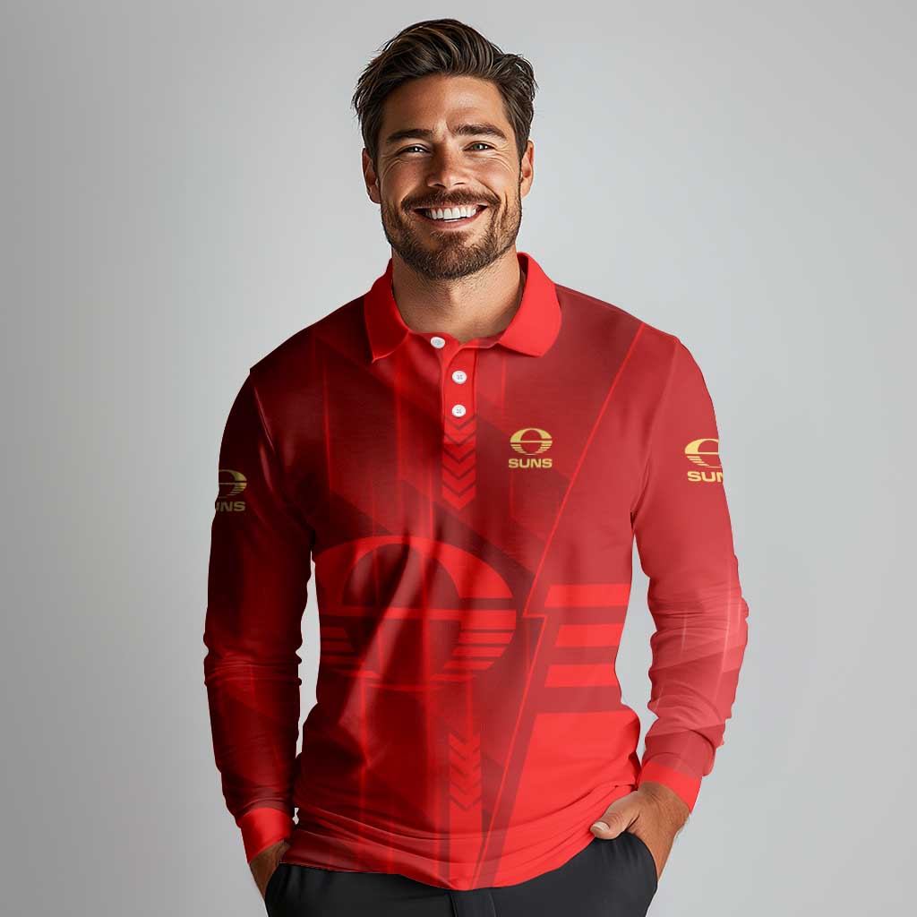 Personalized Gold Coast Suns Long Sleeve Polo Shirt Modern Geometric Sports Graphic Style