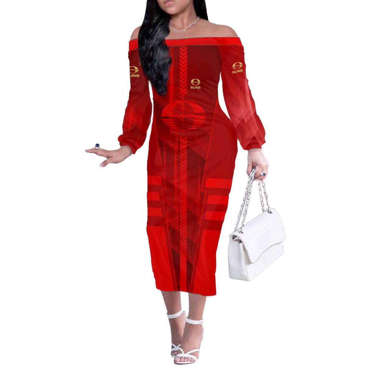 Personalized Gold Coast Suns Off The Shoulder Long Sleeve Dress Modern Geometric Sports Graphic Style