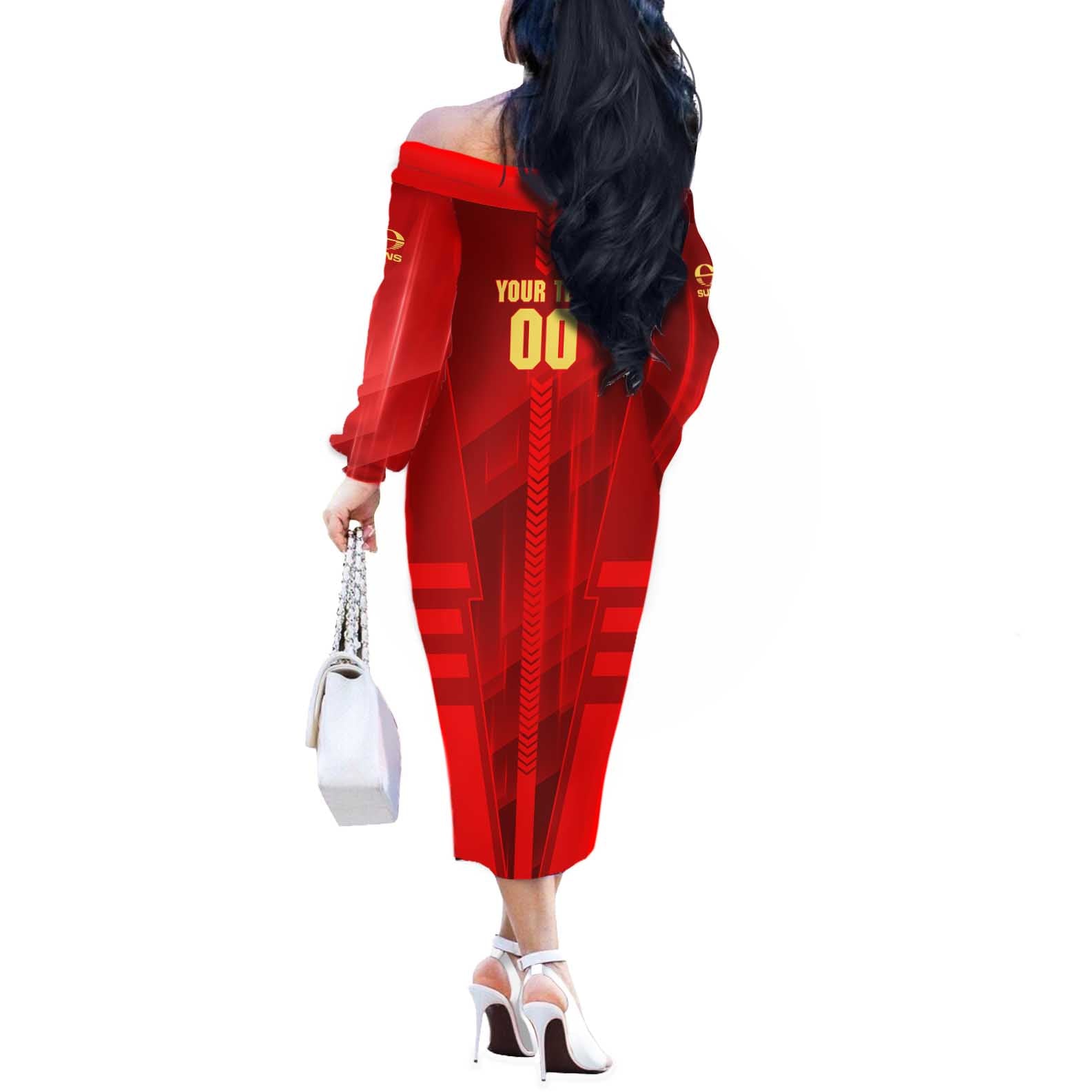 Personalized Gold Coast Suns Off The Shoulder Long Sleeve Dress Modern Geometric Sports Graphic Style