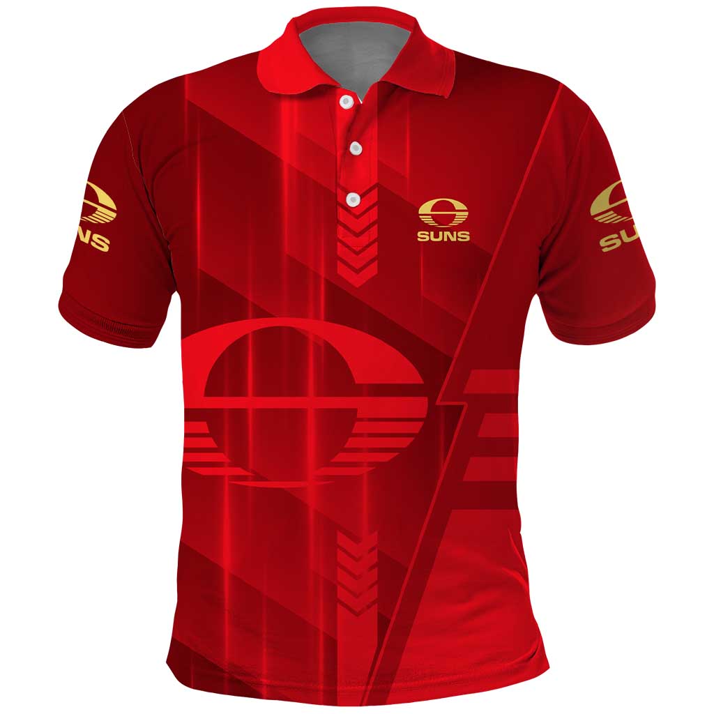 Personalized Gold Coast Suns Polo Shirt Modern Geometric Sports Graphic Style
