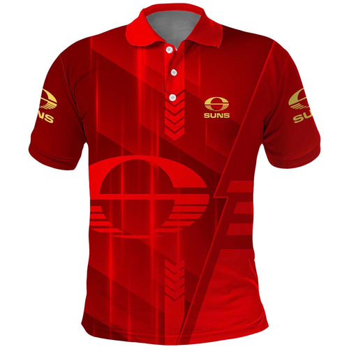 Personalized Gold Coast Suns Polo Shirt Modern Geometric Sports Graphic Style