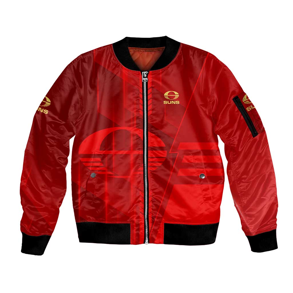 Personalized Gold Coast Suns Sleeve Zip Bomber Jacket Modern Geometric Sports Graphic Style
