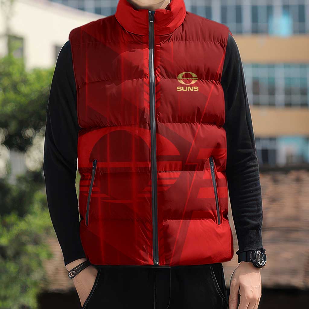 Personalized Gold Coast Suns Sleeveless Puffer Jacket Modern Geometric Sports Graphic Style
