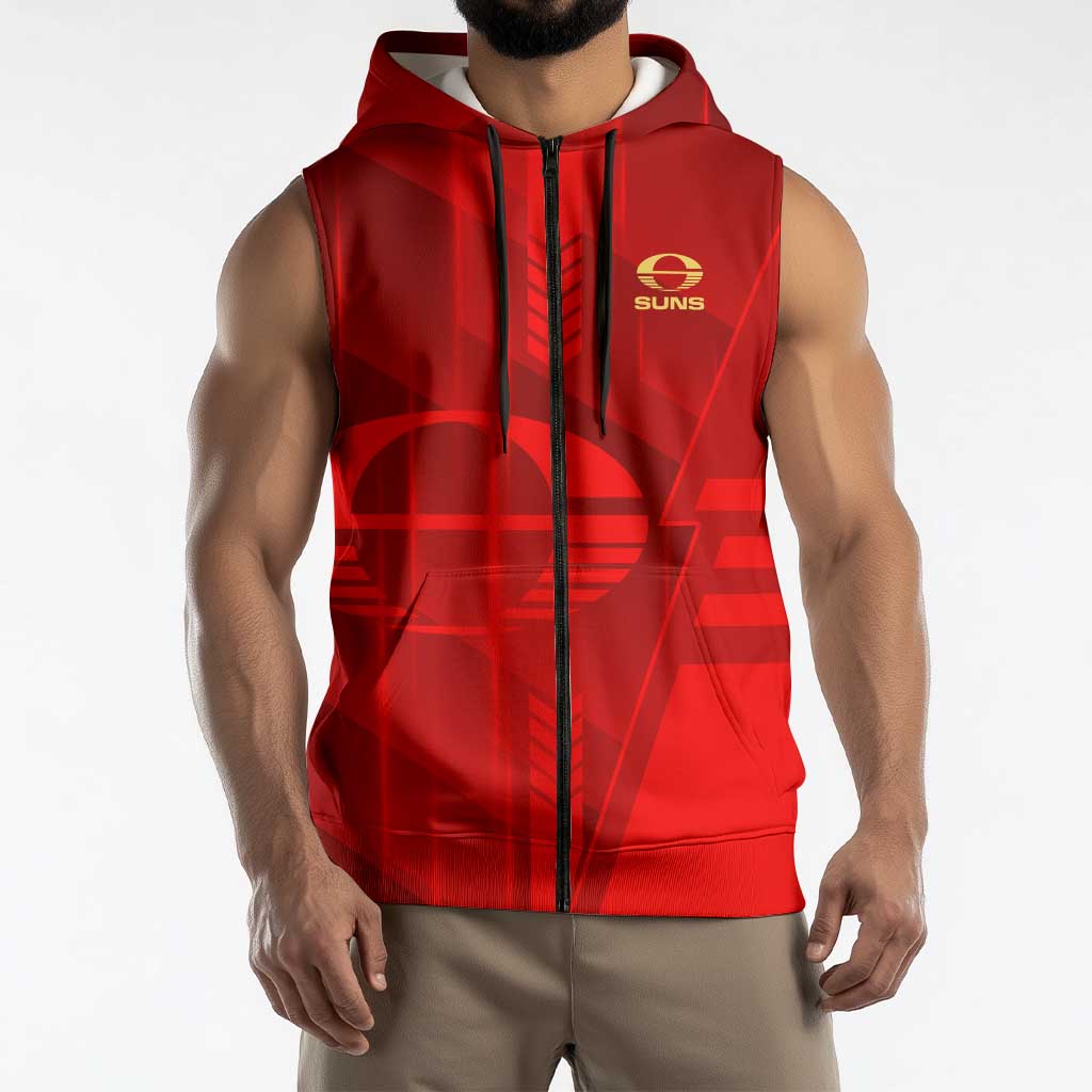 Personalized Gold Coast Suns Sleeveless Zip Hoodie Modern Geometric Sports Graphic Style