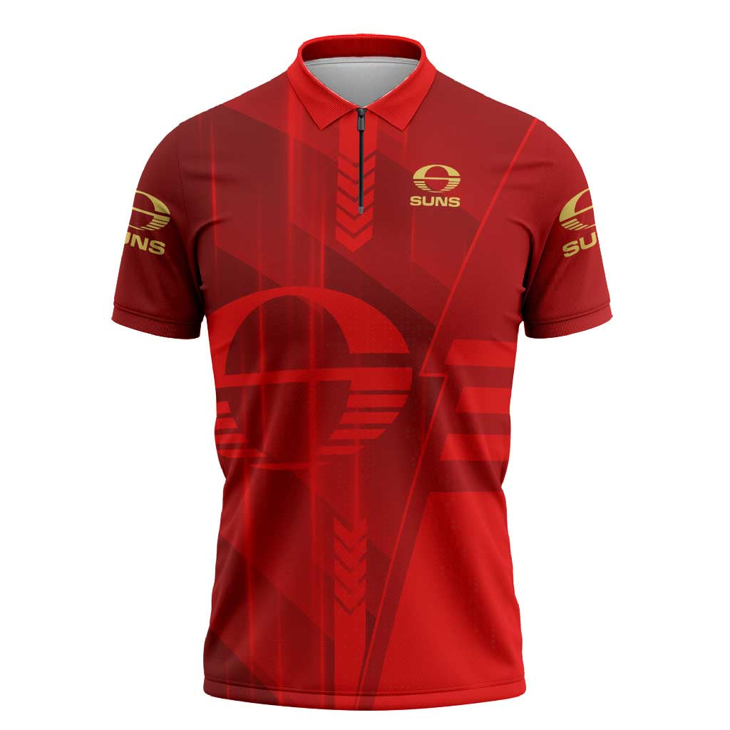 Personalized Gold Coast Suns Zipper Polo Shirt Modern Geometric Sports Graphic Style