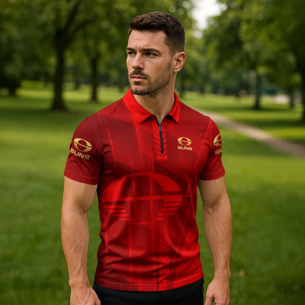 Personalized Gold Coast Suns Zipper Polo Shirt Modern Geometric Sports Graphic Style