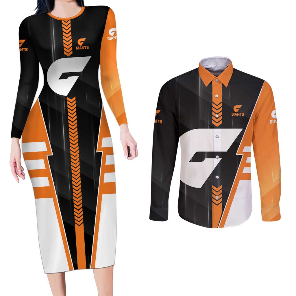Personalized Greater Western Sydney Giants Couples Matching Long Sleeve Bodycon Dress and Long Sleeve Button Shirt Modern Geometric Sports Graphic Style